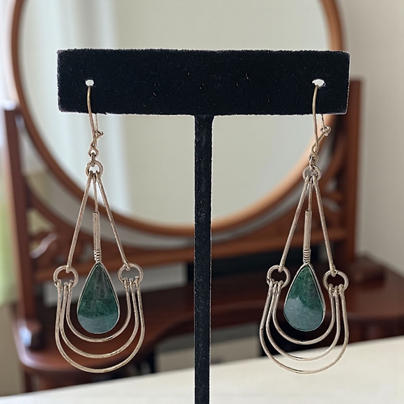 Malachite Green Stone Wire Design Earrings Teardrop Dangle Dainty Bohemian Gypsy - Picture 16 of 16
